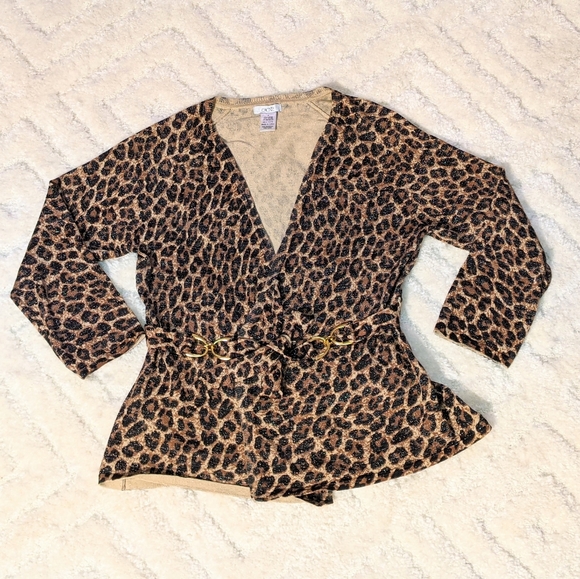 Cache Metallic Leopard Print 3/4 Sleeve Cardigan Sweater, M - Picture 1 of 10